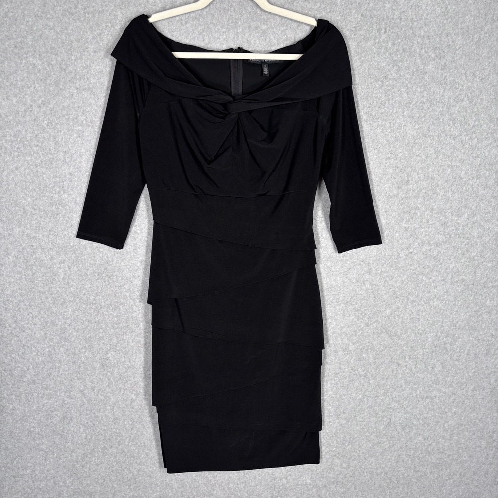 Y2K 90s WHBM Tiered Bandage Sheath Pencil Dress 6 Black Knit Twist Knot Neck LBD